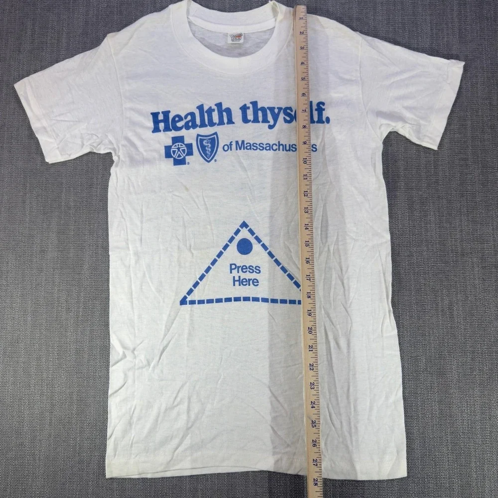 Vintage Blue Cross Blue Shield Shirt Mens Small White Health Thyself Graphic Tee